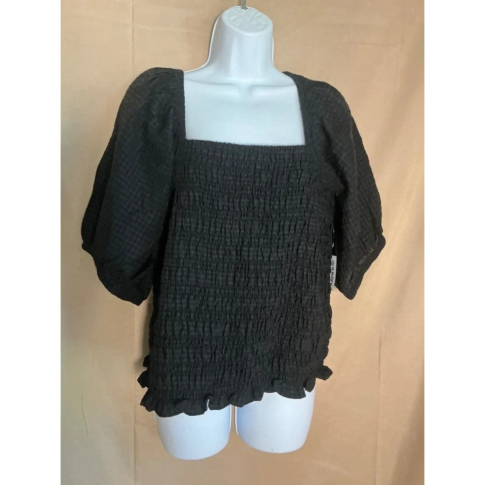Old Navy Smocked Puff Sleeve Top Women XL Black NEW Gingham Square Neck Ruffle